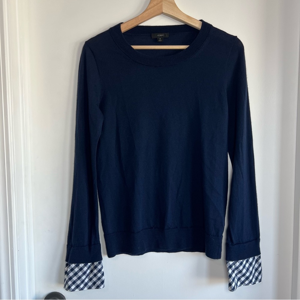 J Crew 100% Wool Navy Long Sleeve Plaid French Cuff Sweater, Size Medium‎